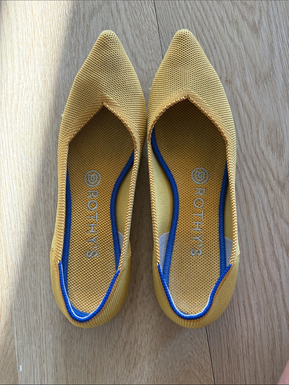 Rothy's Yellow Pointed Knit Flats with Blue Trim